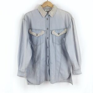 Vintage Pearl Embellished Denim Shacket Bleach Dye